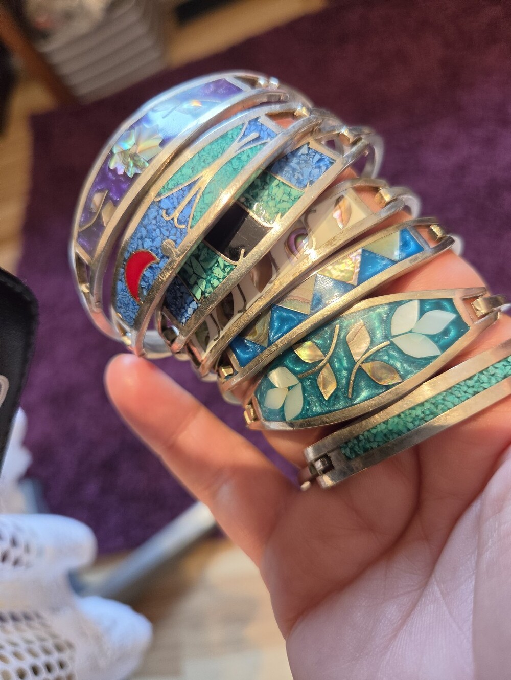 Sterling Silver Filled  Blue and Teal Inlay Bangle Bracelet - Picture 7 of 16